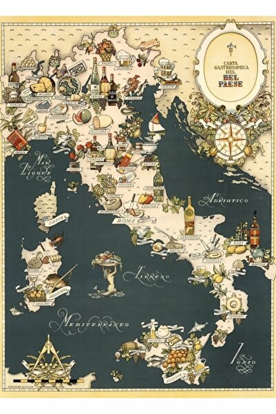 Universal Italya'nın Gastronomik Haritası 1949 Tablo Ahşap Poster Dekoratif