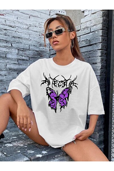 LOUİSA Tricou oversize unisex alb pasăre violet fluture