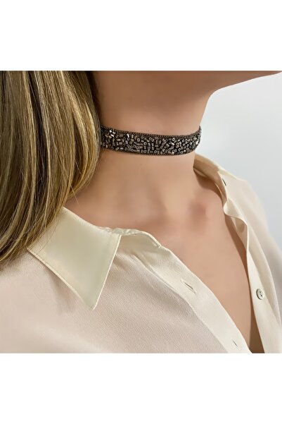 takıperest Havalı Antrasit Taşlı Choker Kolye