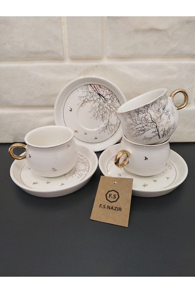 Sembol 6-Person Porcelain Coffee Cup Set with Tree Pattern