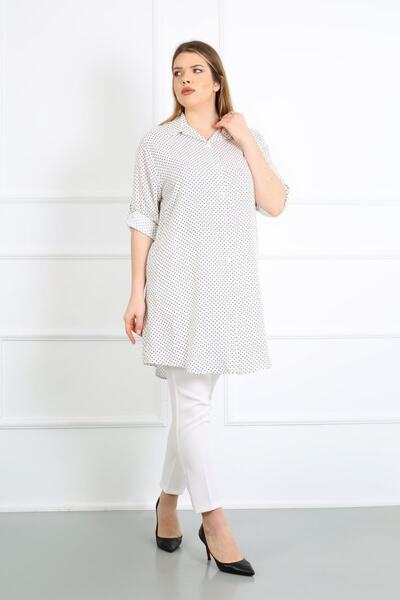 By Alba Collection Women's Cotton Viscose Polka Dot Large Size Tunic White