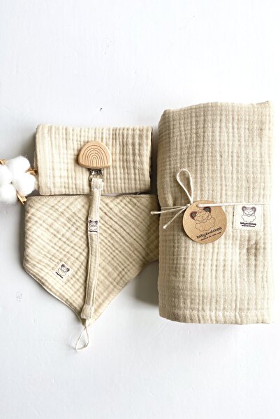 Babyandsheep Kemik Rengi Dört Katlı Müslin Battaniye-ağız Mendili-önlük-emzik...