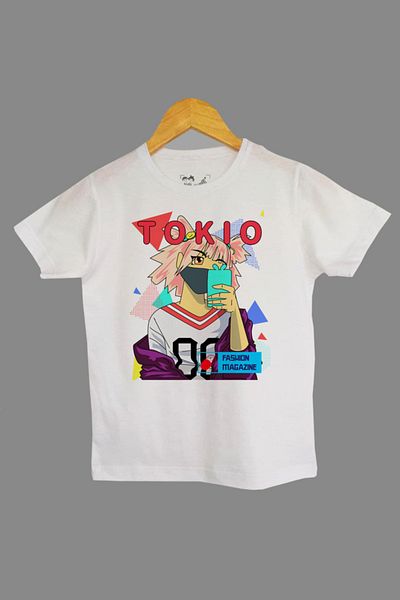 Raf Coll Tricou alb tricotat pentru copii Tokyo Anime imprimat digital frontal