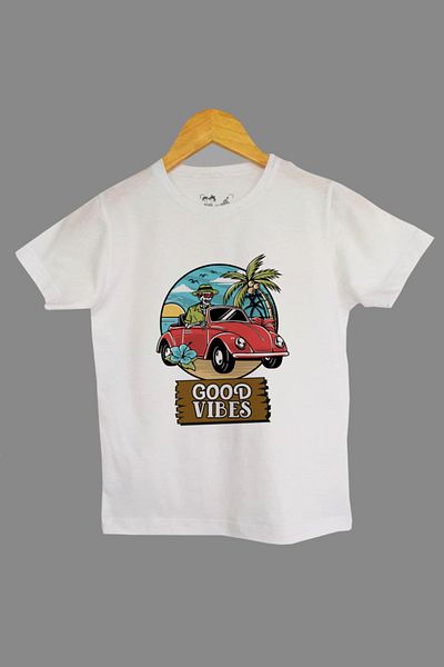 Raf Coll Tricou alb tricotat pentru copii Woswos Good Vibes Front Printed Digital