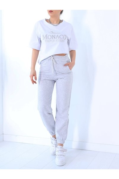 Sparrow Laurel Gray White Monaco Embroidered T-Shirt Tracksuit Double Set