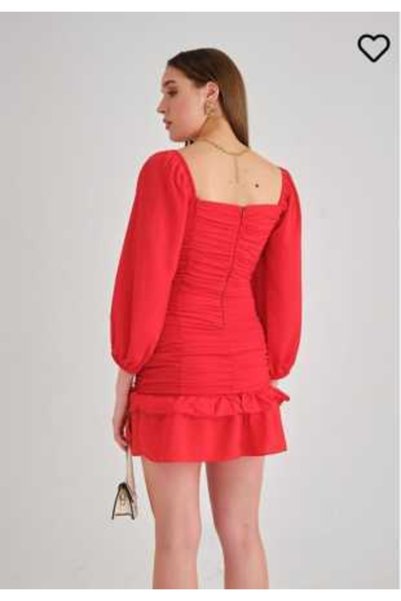 Secret Passion Lingerie Red Evening Dress and Graduation Dress Mini Dress with Layered Skirt, Long Sleeves, Flexible Crepe Fabric 581878 639