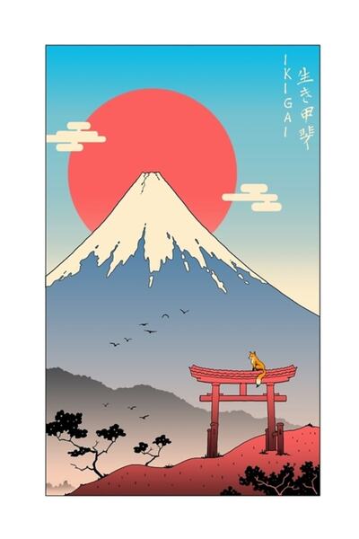 Universal Poster decorativ din lemn cu tabloul Ikigai de pe Muntele Fuji