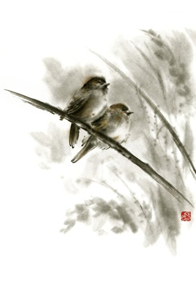 Universal Τσέρκες Sumi-e Bird On Branches Πρωτότυπο έργο τέχνης ζωγραφικής με...