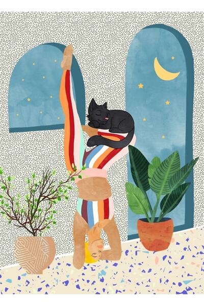 Universal Başucu #illüstrasyon #yoga #evcil Hayvanlar Tablo Ahşap Poster Deko...