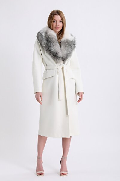 Leather Club Beyaz Arjante Fox Aksesuarlı Kaşmir Kaban