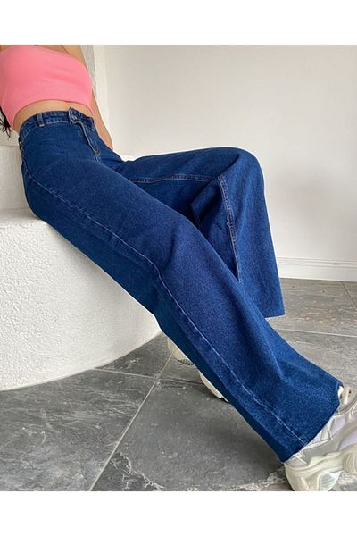 Trn JNS Μπλε 90's Dark Blue Lycra Super Extra High Waist Palazzo Loose Jean Παντελόνι (Φαρδύ πόδι)
