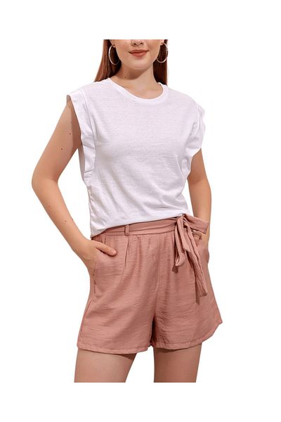 FASHION COCKTAIL Thin Summer Linen Seaside Shorts for Women - Salmon with Belt and Elastic Waist