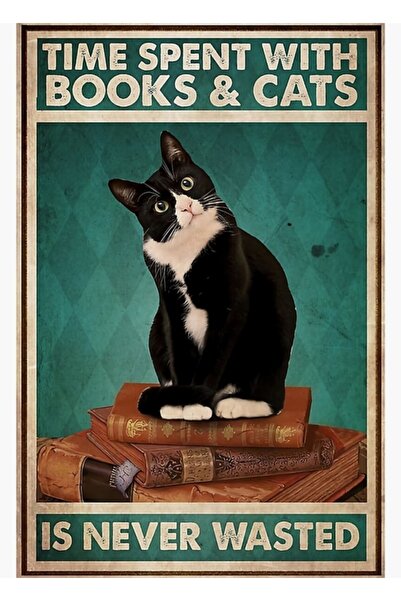 Universal Kara Kedi Kitap Ve Çay Ile Harcanan Zaman Tablo Ahşap Poster Dekoratif
