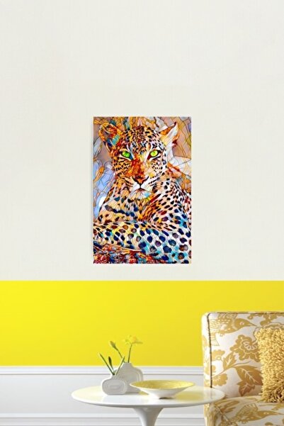 Universal Yeşil Gözlü Leopar Mozaik Tablo Ahşap Poster Dekoratif