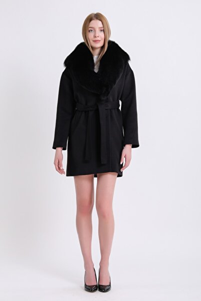 Leather Club Siyah Fox Aksesuarlı Kaşmir Kaban