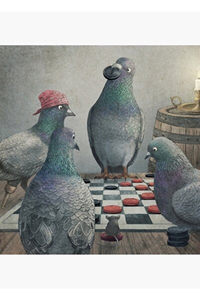 Universal Dama Oynayan Boynuzlu Güvercinler Tablo Ahşap Poster Dekoratif