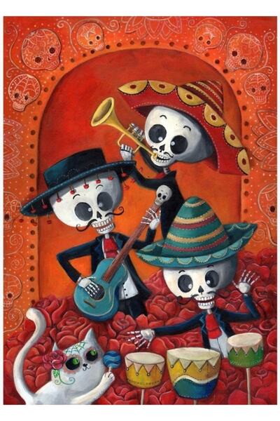Universal Dia De Los Muertos, pictură cu muzicieni scheleti, poster decorativ...