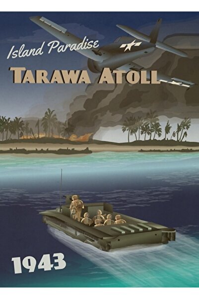 Universal Tarawa 1943 - Afiș de călătorie Coral Atoll, tablou, poster din lem...