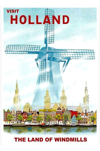 Universal Olanda; Moara de vânt, pictură publicitară de călătorie, poster din...
