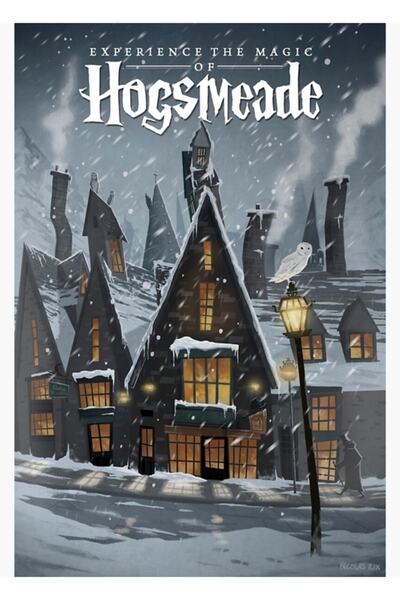 Universal Посетете Хогсмид - Снежен град Плакат за пътуване Дървен плакат Дек...