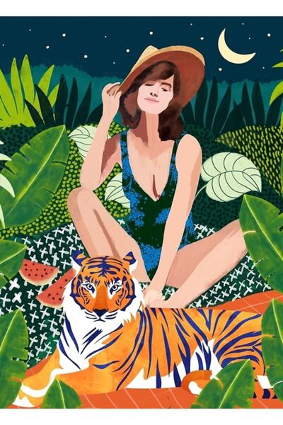 Universal Trăind în pădure, Ilustrație cu tigru la picnic tropical, tablou de...