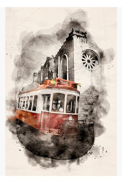 Universal Ακουαρέλα Κόκκινο Τραμ Λισαβόνας Ξύλινη Αφίσα Διακοσμητική
