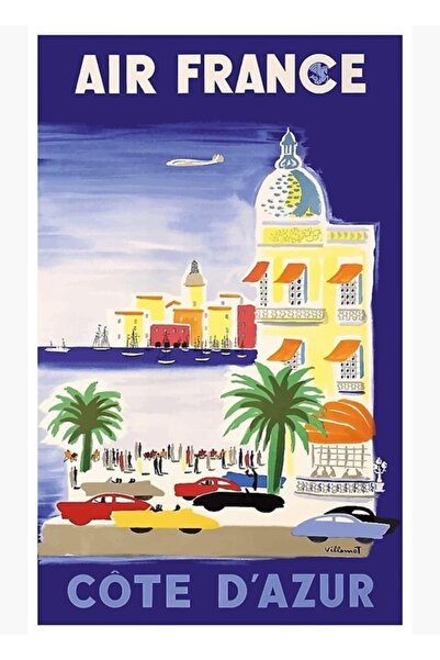 Universal 1952 Αφίσα ταξιδιού της Air France στην Ακτή της Αζούρ, Ξύλινη διακ...