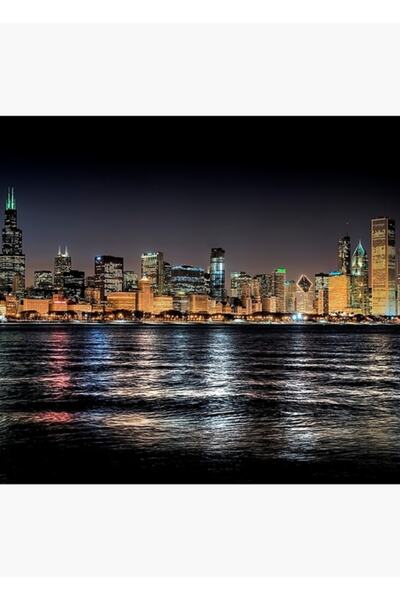 Universal Poster decorativ din lemn cu silueta orașului Chicago la miezul nopții