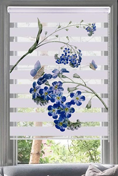 Lotus Mavi Çiçek Desenli Zebra Perde