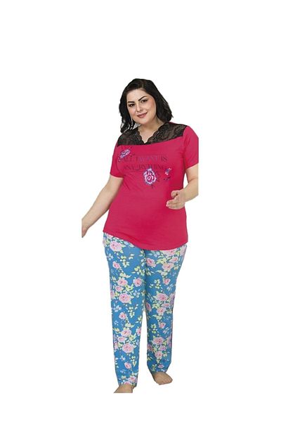 quilling Red Color Floral Lady-10838 Short Sleeve Women Plus Size Pajamas Set