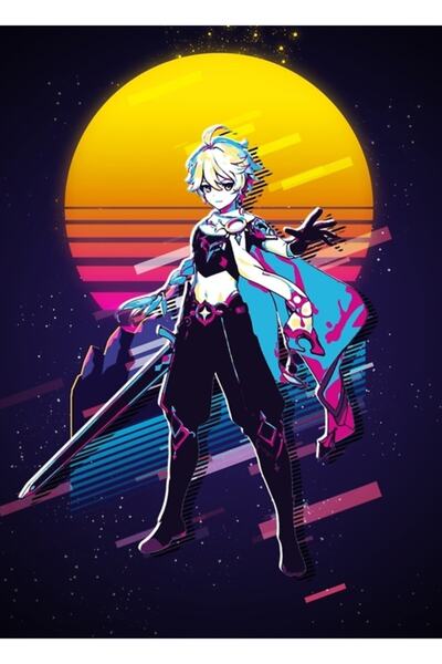 Universal Gezgin - Poster decorativ din lemn Genshin Impact, stil retro anii '80