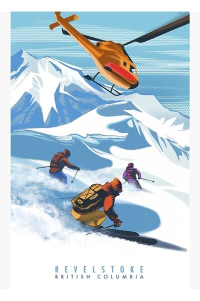 Universal Poster decorativ din lemn cu banner de schi retro Heli Ski Revelstoke