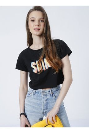 L MON COMPANY Limon Bisiklet Yaka Regular Fit Bask l Siyah Kad n T shirt Monka Fiyat Yorumlar Trendyol