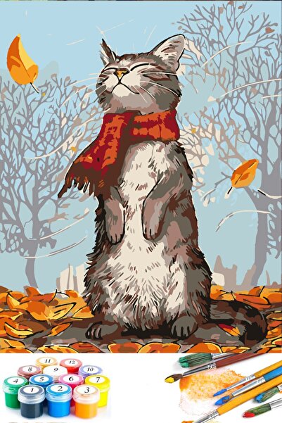 abbara Sayılarla Boyama Hobi Seti Fırça Boya Dahil Kasnaklı 40x50 Cm - Kedi
