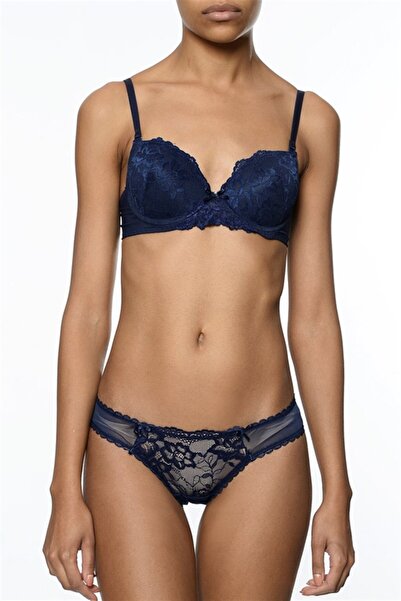 MasmaviMilla Γυναικείο Σετ Σουτιέν και Σλιπ σε Σκούρο Μπλε με Δαντέλα, Χωρίς ...