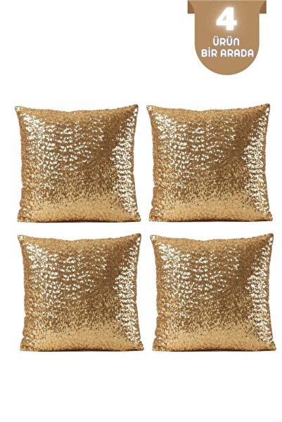 ByUtku 4'lü Pullu Payetli Dekoratif Kırlent Kılıfı - Altın