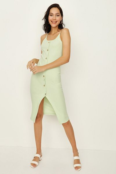 Select Moda Rochie midi cu bretele verde mentă pentru femei, cu detaliu cu nasturi, cu fantă în față