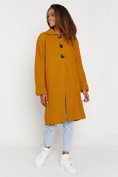 Hopoi Women's Mustard Wooden Buttoned Midi Cardigan Mt7415
