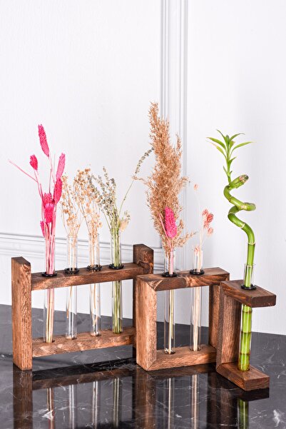 Muyika Design Muyika Triplo Tubo Ahşap Cam Tüplü Vazo Dekorasyon Ürünü Vzo-ah