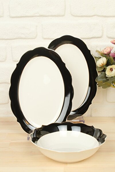 Genel Markalar Lüx 3 Lü Porselen Sunum Seti-3 Parça Sunum Servis Seti Siyah