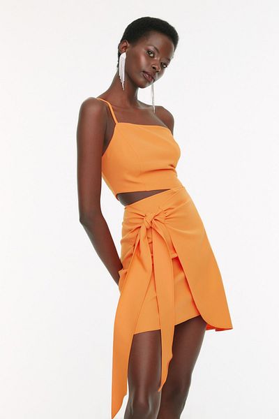 Trendyol Collection Stylish Orange A-Cut Evening Dress - TPRSS22EL2880 with Waist Detail