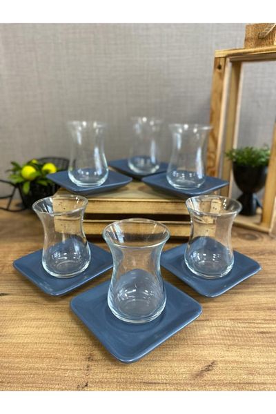 Demet Çeyiz Aksesuar Matte Blue Tea Set 12 Pieces for 6 People