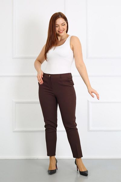 By Alba Collection Brown Dumbbell Fabric - Large Size Women's Trousers with Elastic Waist