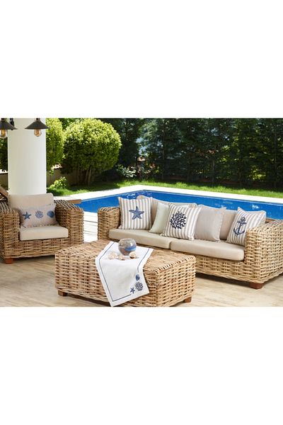 caka home design Embroidered Throw Pillow Cover with Piping Star - Coral - Mussel ( Ecru X Beige Striped / Navy Blue Embroidery )