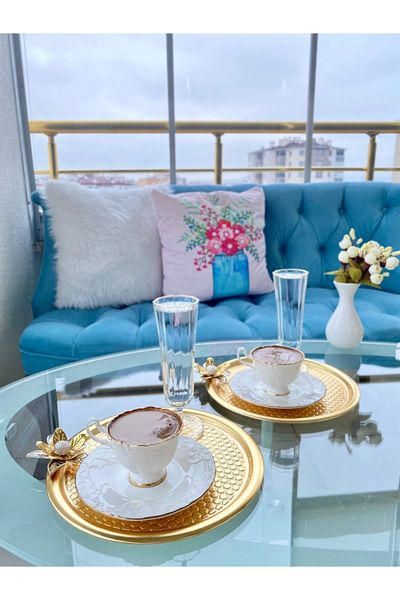 Aslı Hediyelik 2-piece Lily Flower Patterned - Gold Presentation, Round Pastry Coffee Serving Tray, 23 Cm