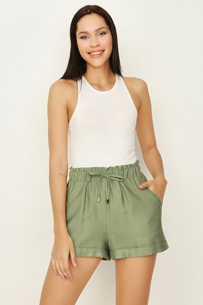 Select Moda Women's Khaki Elastic Waist Folded Mini Shorts