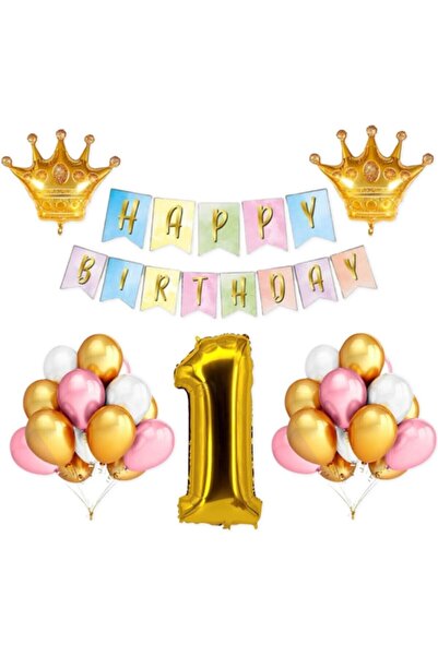 BİDOLUMUTLULUK 1 Year Old Crown Foil Balloon Set