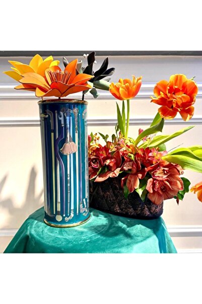 Lucky Art Petrol Yeşili Desenli Dekoratif Vazo 33x13