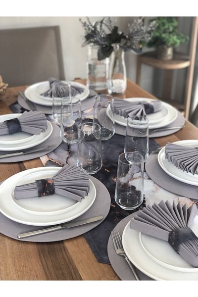 desen izmir American Serve, Gray Marble 6 Plates, 6 Napkins, 6 Napkin Rings and Runner