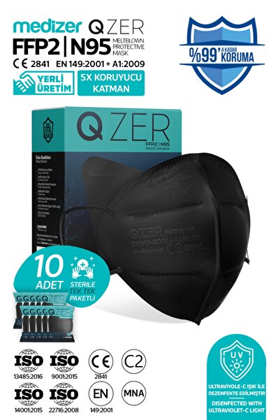 Medizer Qzer 10 Adet Siyah Renk 5 Katmanlı N95 Maske